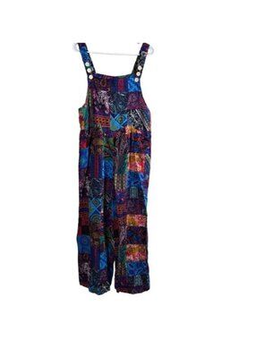 Boho Patchwork Wide Leg Overalls Colorful Whimsical Womens L Adjustable Straps